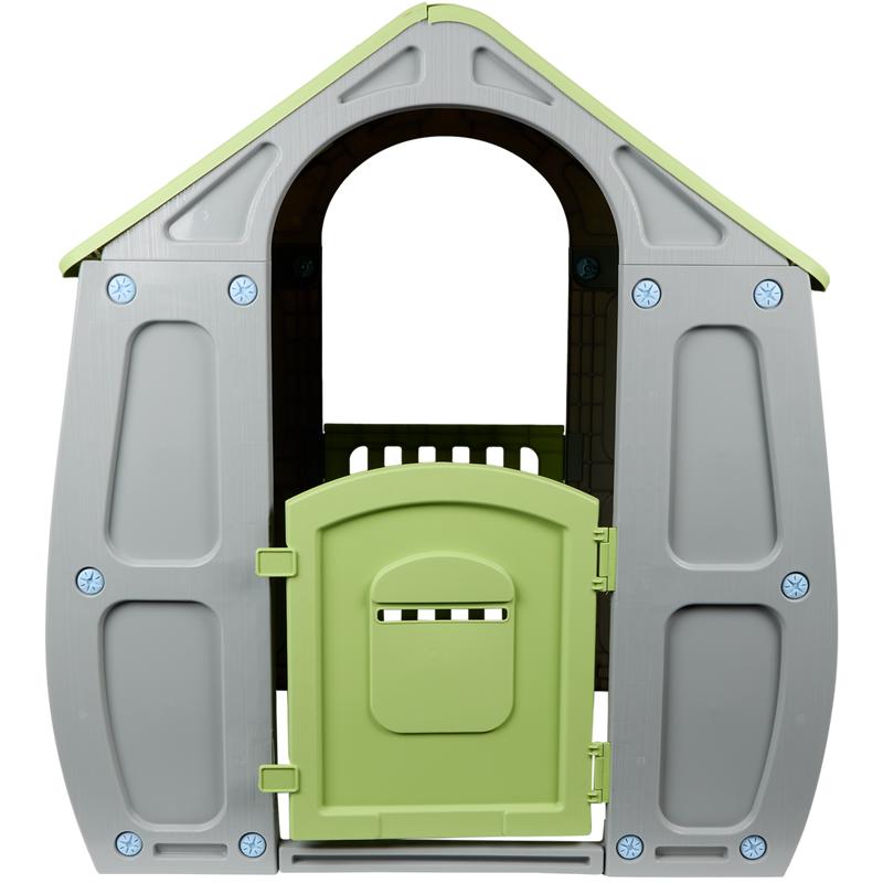 Front view of magical green/grey playhouse for children