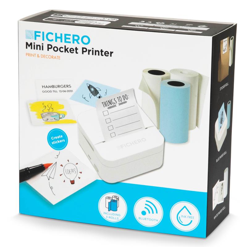 Verpakking voorkant van de Fichero mini printer