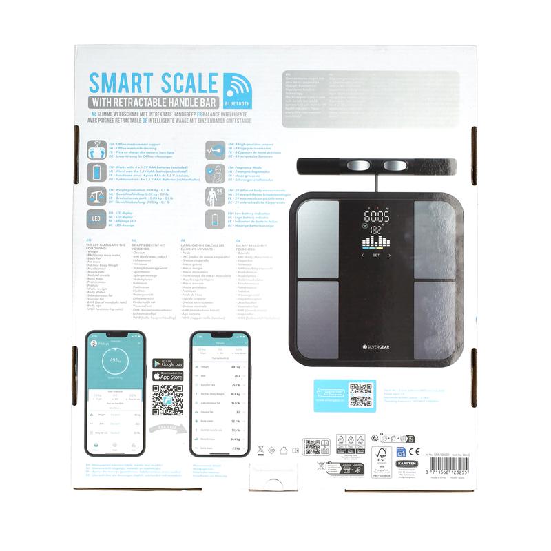 Silvergear smart scale - packaging showing specifications