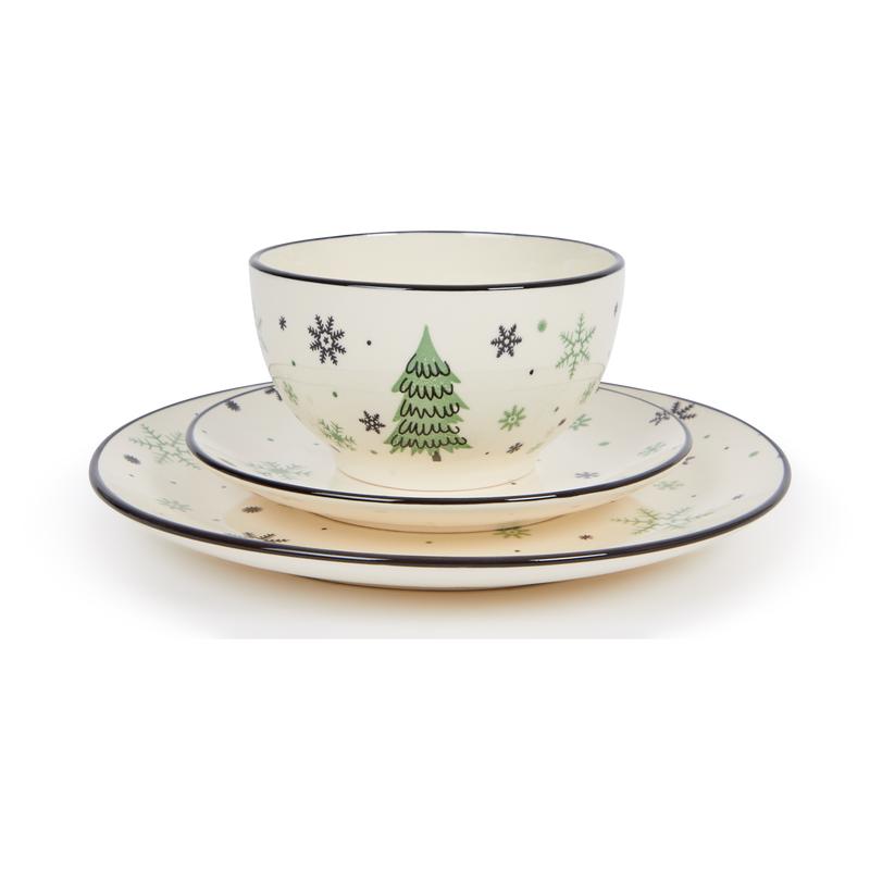 Green plate set Snowflake breakfast plate, large plate and bowl stacked