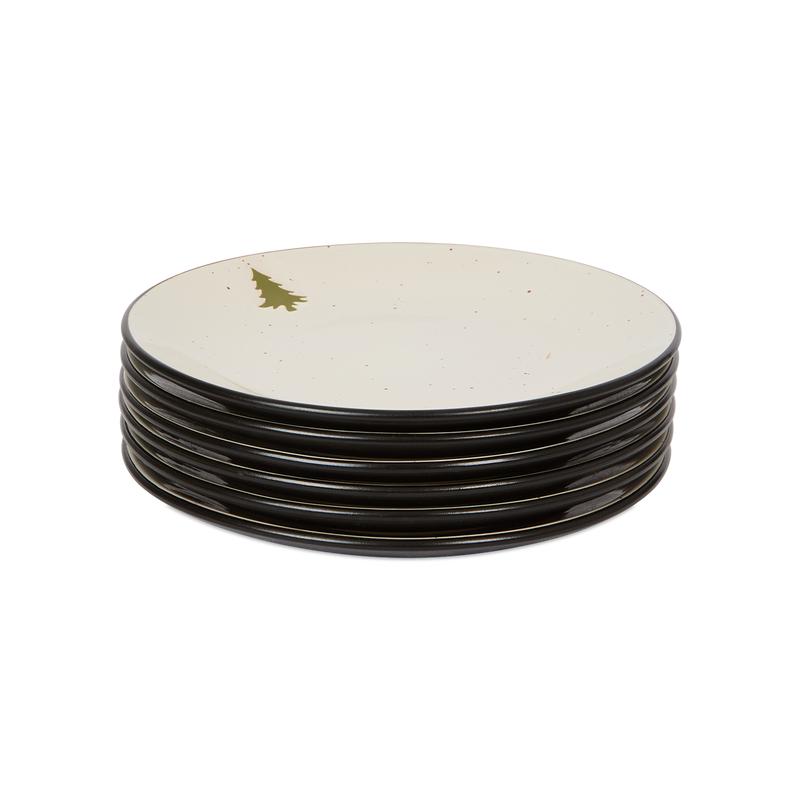 Speckled plate set - Black with Christmas tree breakfast plates stacked