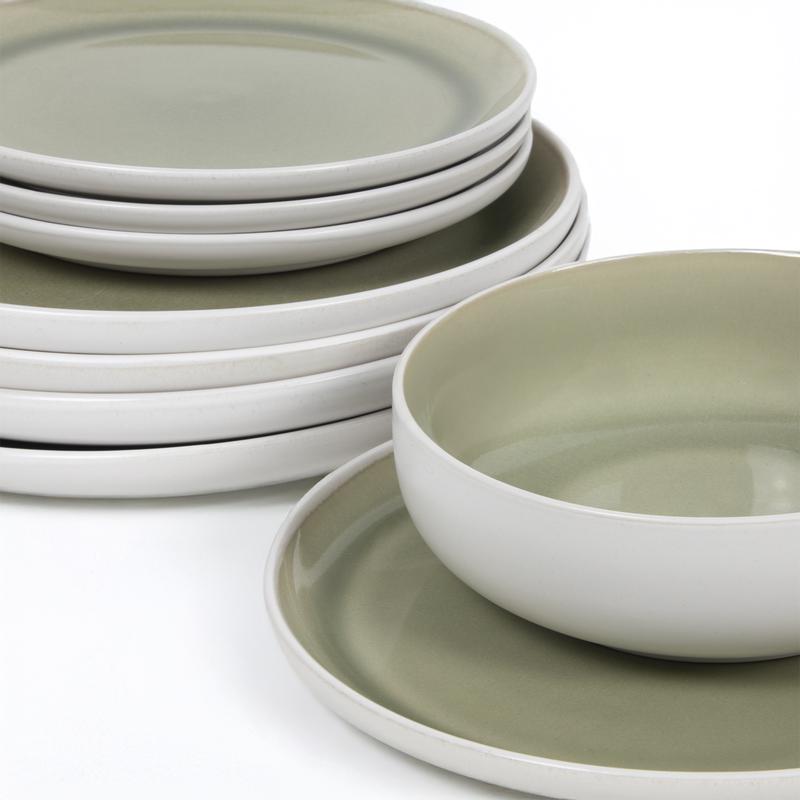 Dinner set - green / white - on table