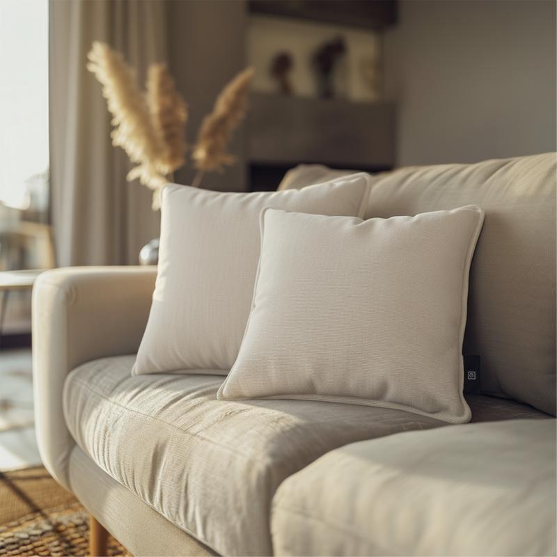 Chenille heated cushion - cream white - on a couch