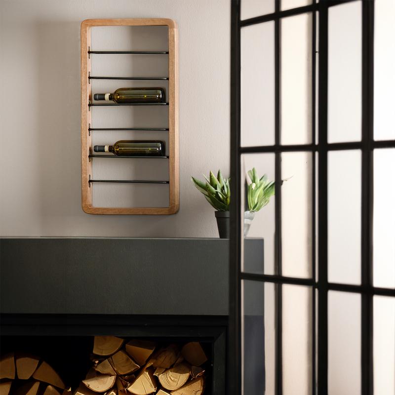 Wine rack made of mango wood - dark brown, on the wall