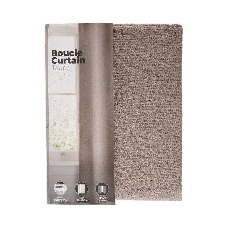 Taupe ready-made bouclé curtain in packaging