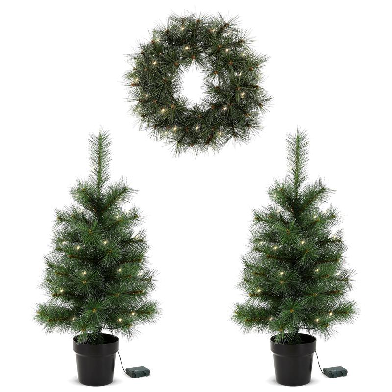 Lot de 2 sapins artificiels et une couronne de Noël éteint