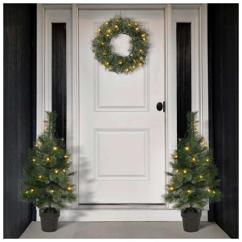 Set of 2 Christmas trees and 1 wreath by the door