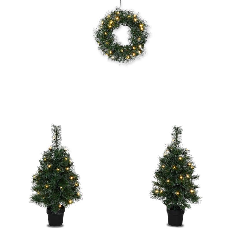 Set of 2 Christmas trees and 1 wreath - lights on