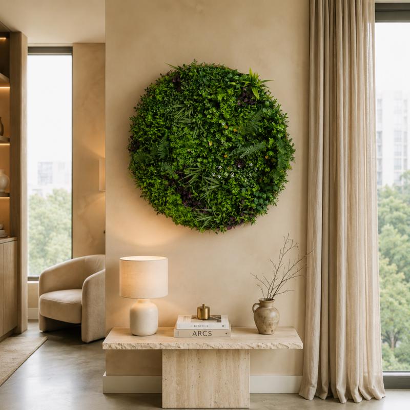 Décoration murale ronde avec plantes artificielles