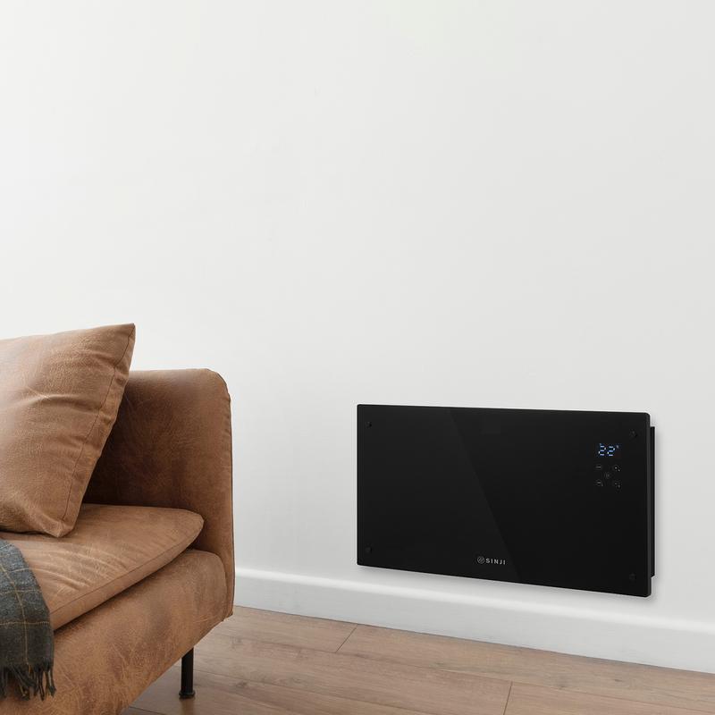 Sinji glass smart panel heater – Black on the wall