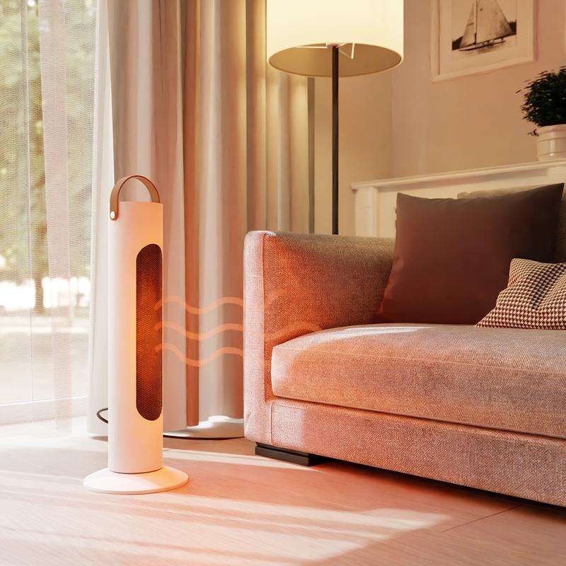 De tower heater in de woonkamer verwarmt de bank