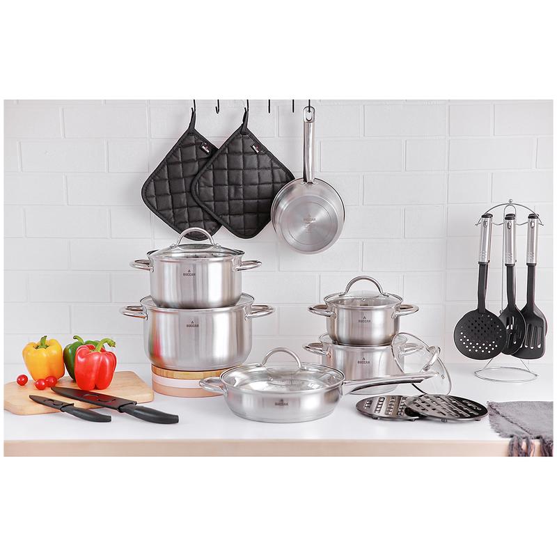 Kitchen equipped with the Buccan cookware set including kitchen utensils