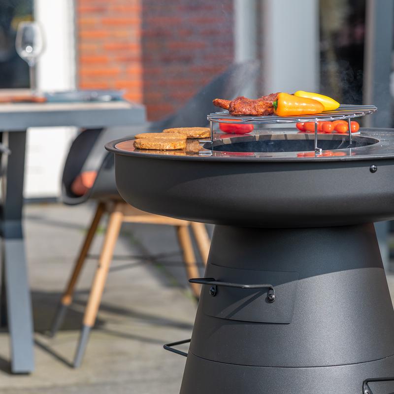 RedFire fire pit and grill is used with meat and vegetables