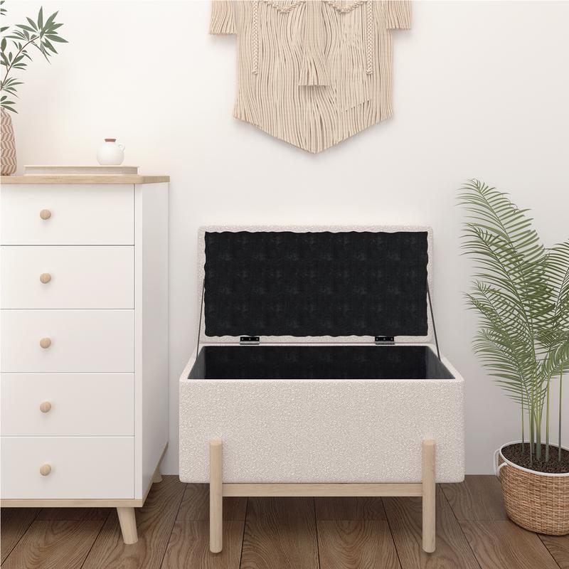 Bouclé storage bench - Cream white in bedroom opened