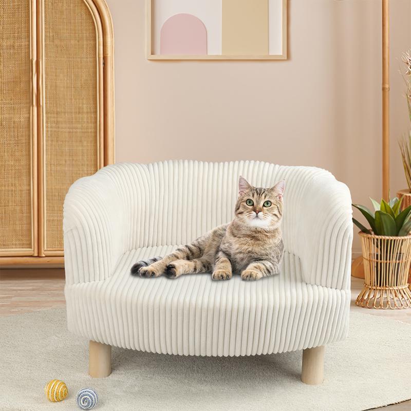 Cat on teddy ribbed pet chair - White