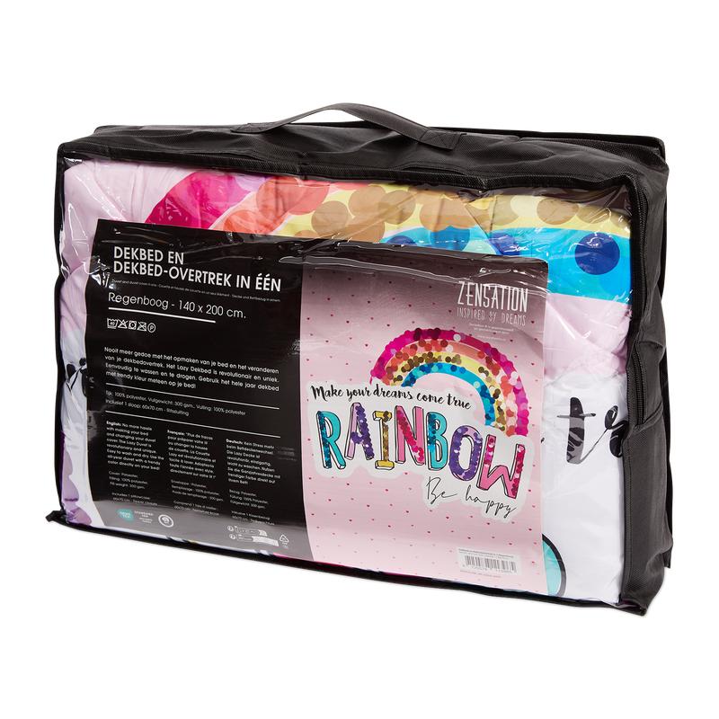 Lazy all-in-one children's duvet with rainbow print in packaging