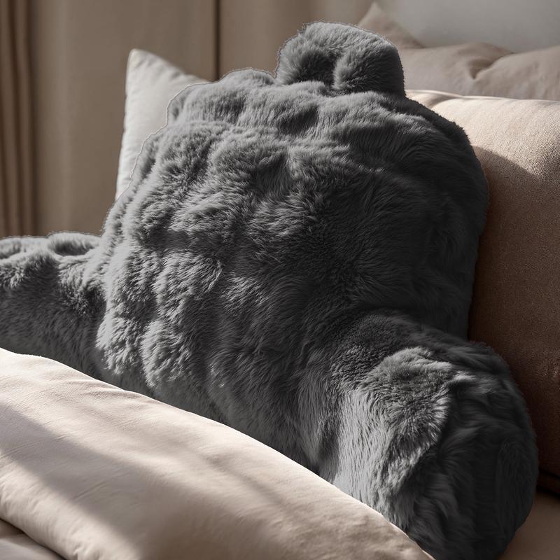 Comfortable backrest cushion pompom fur - anthracite - on bed