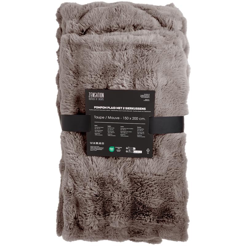 Pompom Fur throw with cushions – taupe – in packaging
