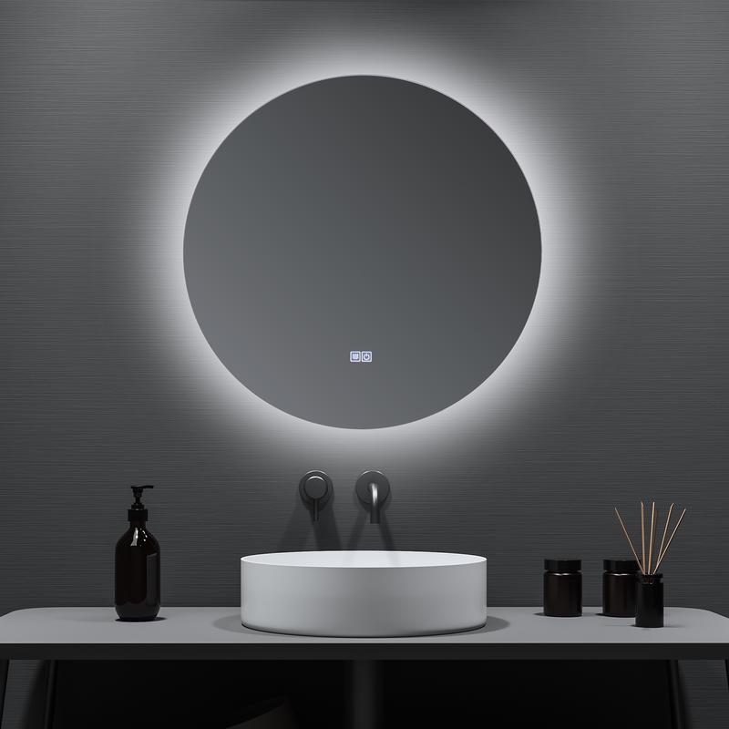 Bathroom mirror with LED lighting switched on in the bathroom