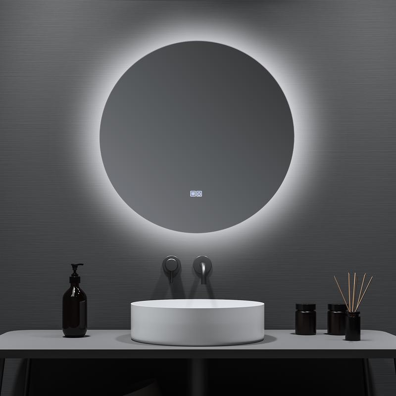 Bathroom mirror with LED lighting enabled above washbasin