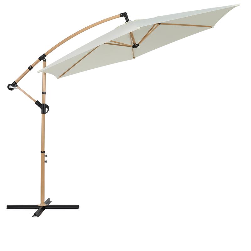 Hangende parasol - houtlook + wit doek hoog gekanteld