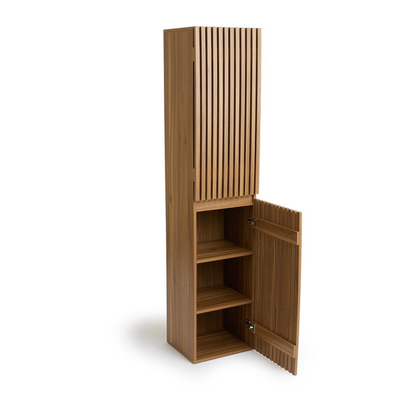 Bathroom cabinet with slats in wood colour with open door bottom