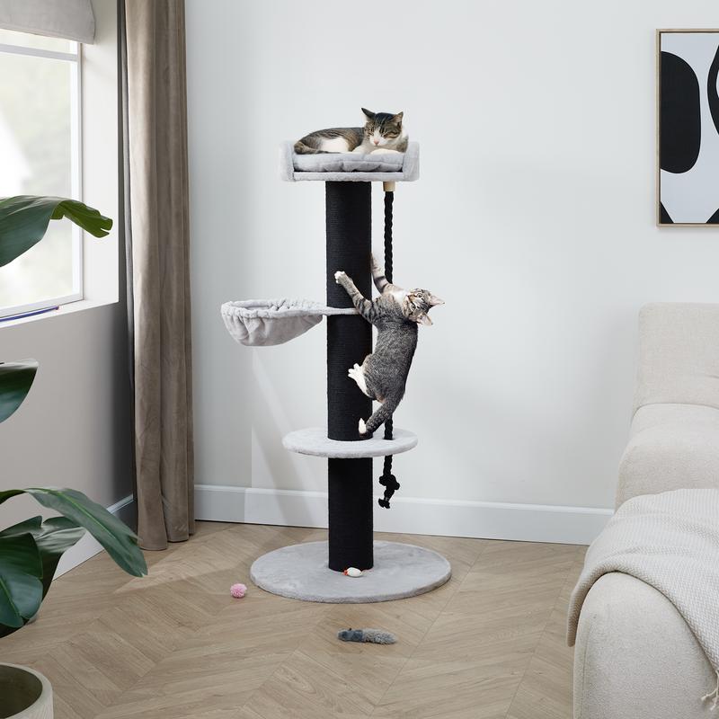 Scratching post with play rope used by cat