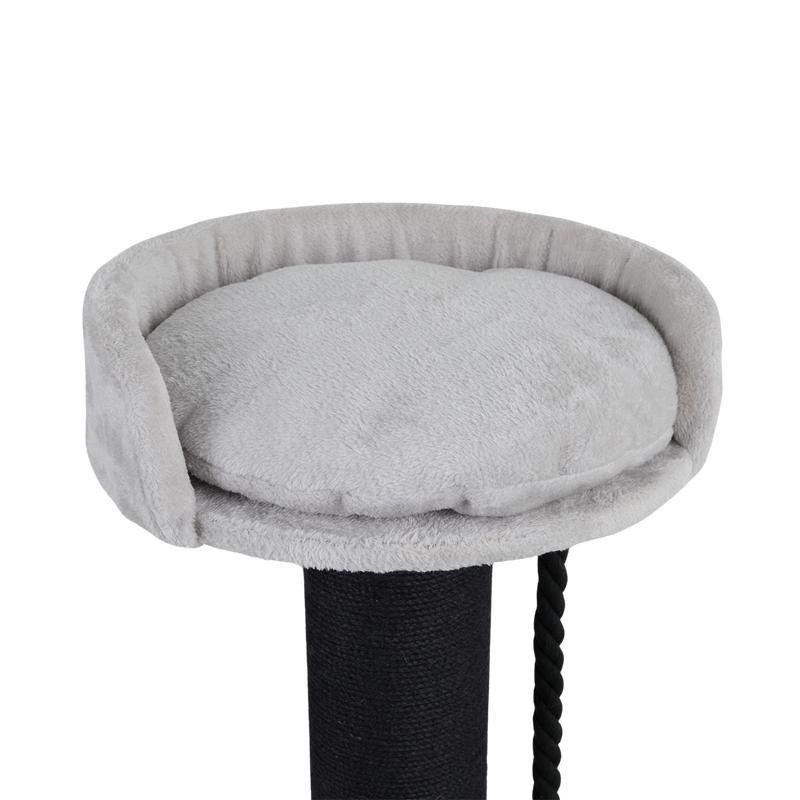 Close-up of basket on scratching post with play rope