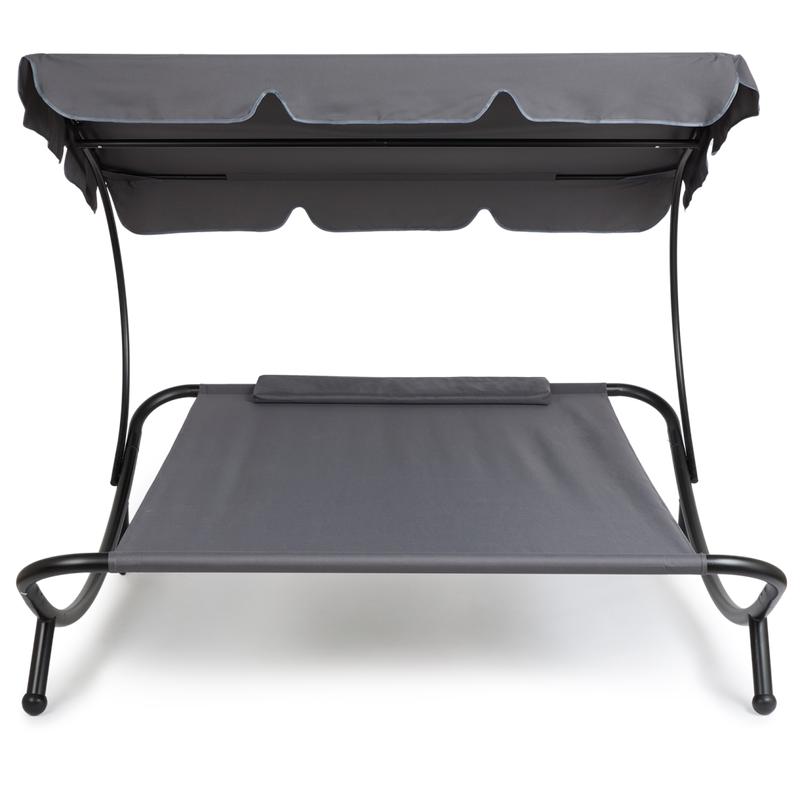 Front view of double lounge bed with canopy