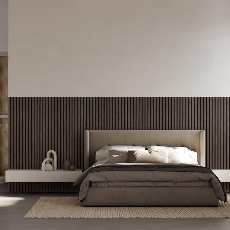 Walnut-look acoustic wall panels in bedroom