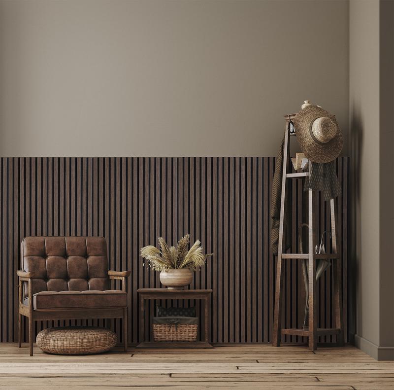 Walnut-look acoustic wall panels as panelling in the hall