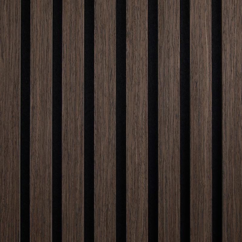 Walnut-look acoustic wall panels - close-up