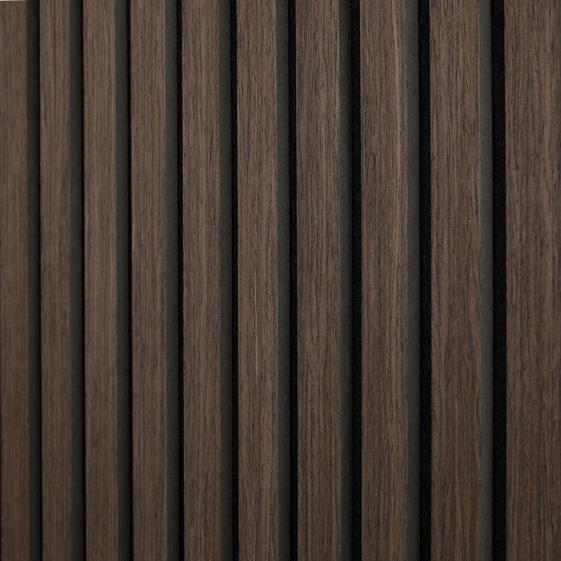 Walnut-look acoustic wall panels - close-up of material