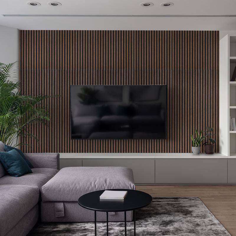 Walnut-look acoustic wall panels behind TV