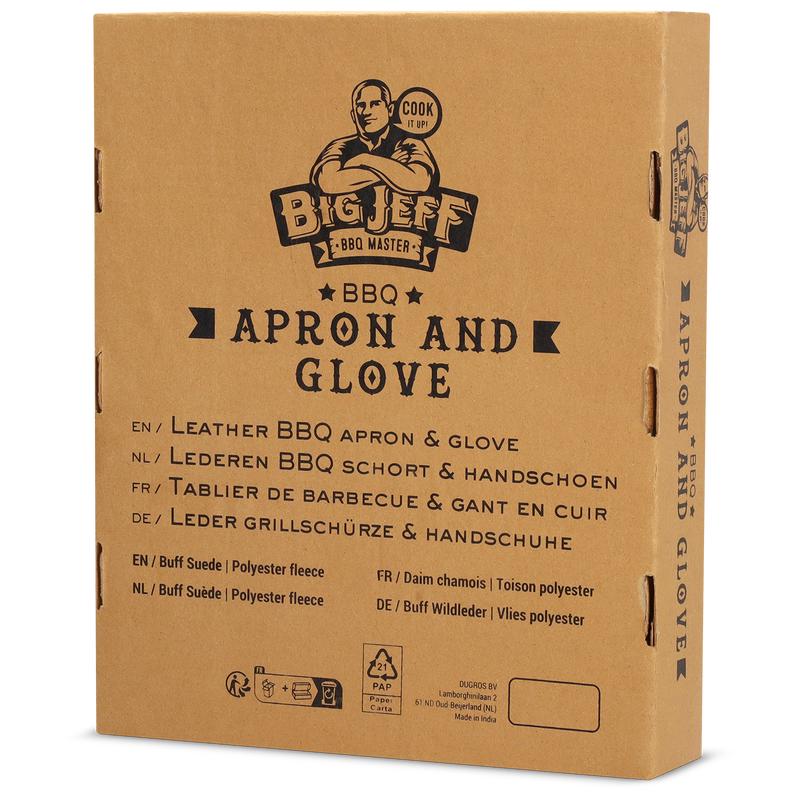 Back of packaging BBQ apron and glove - Brown from the Big Jeff brand
