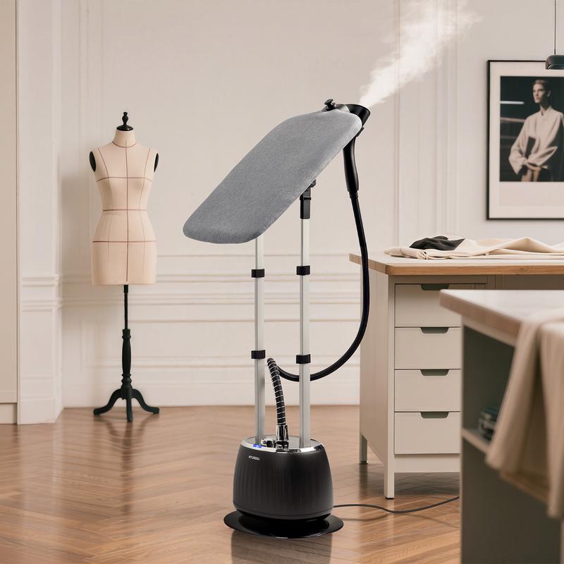 Hyundai clothes steamer with ironing board - in use with steam