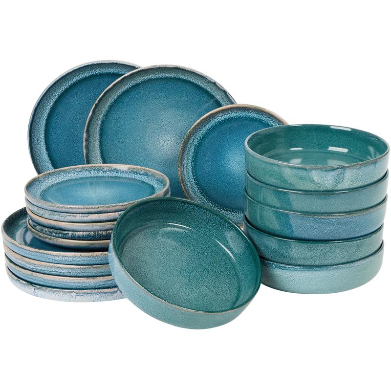 Aura dinner set – blue – 18-piece set for 6 people – reactive glaze