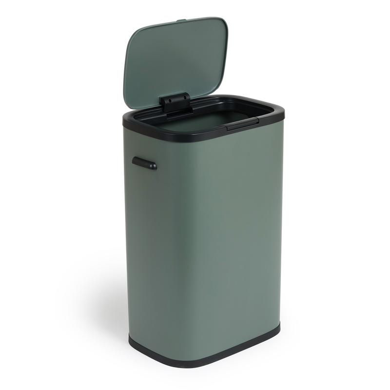 Dark green touch top bin 60L - side view lid open