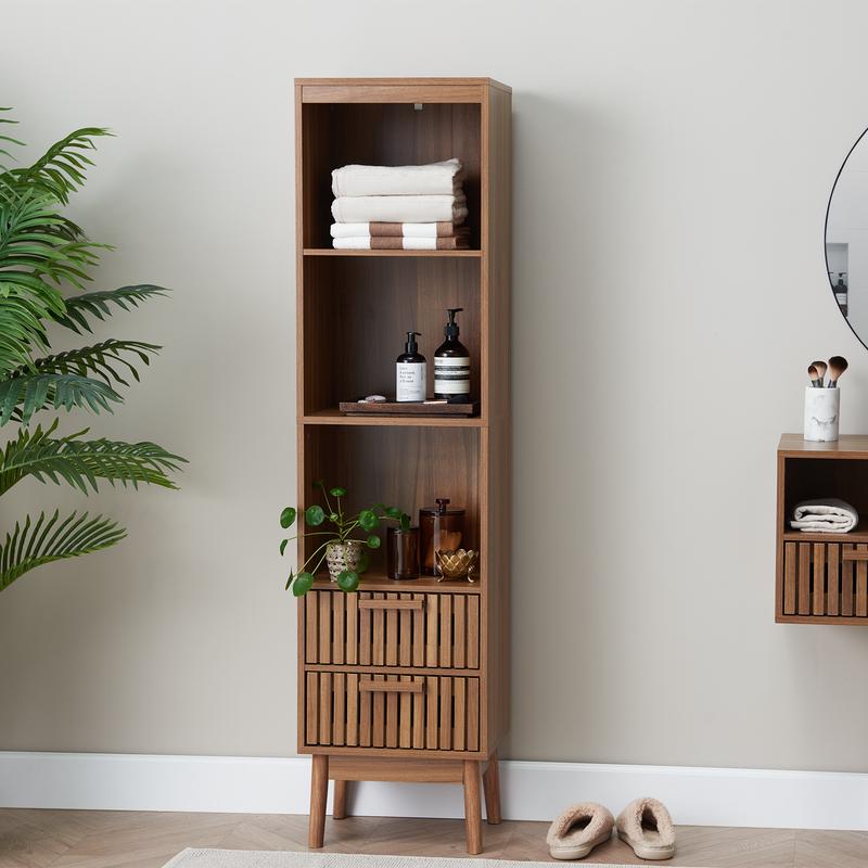Bathroom cabinet with drawers and shelves in bathroom