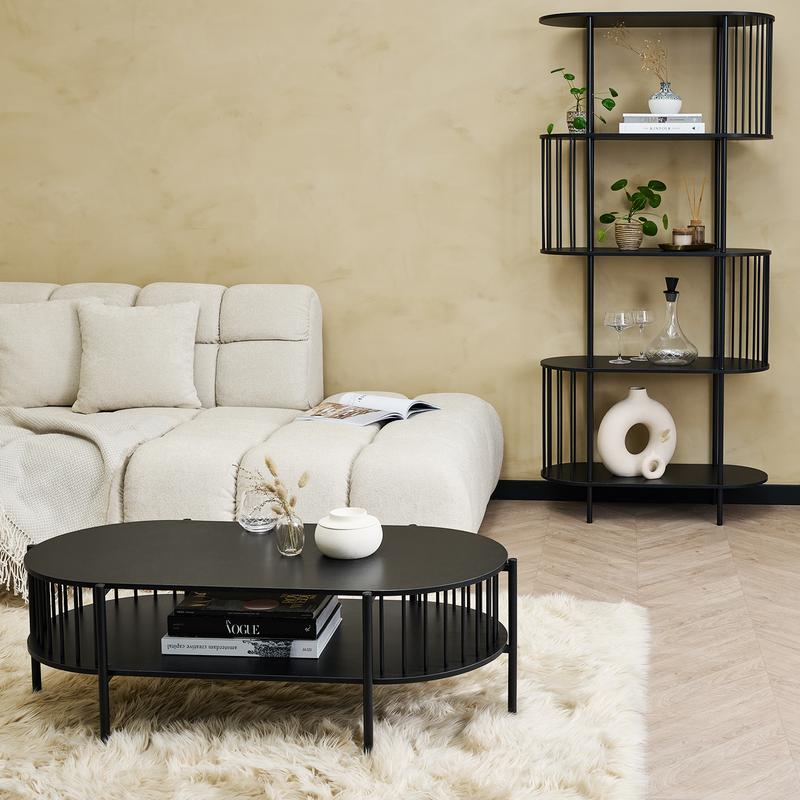 Hoxton black coffee table & shelfing unit in living room
