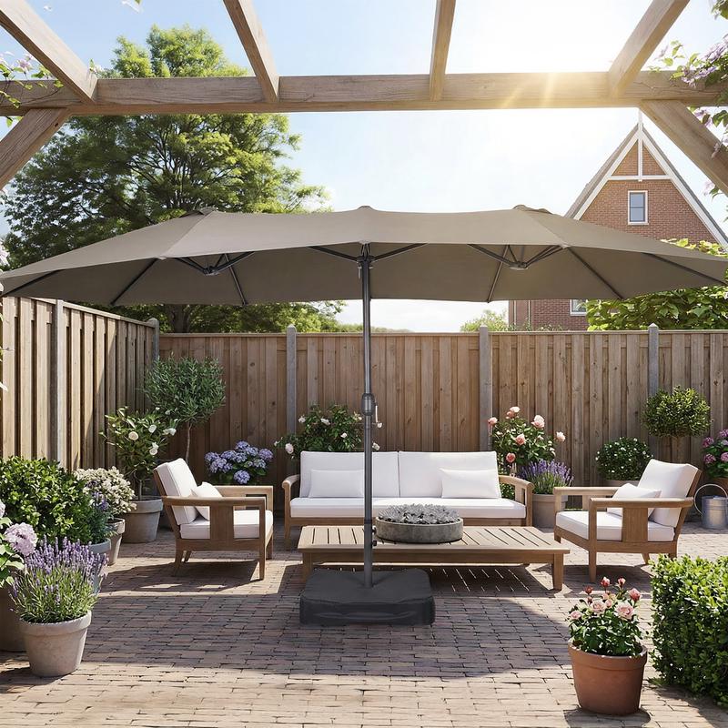 Dubbele parasol met voet � taupe
