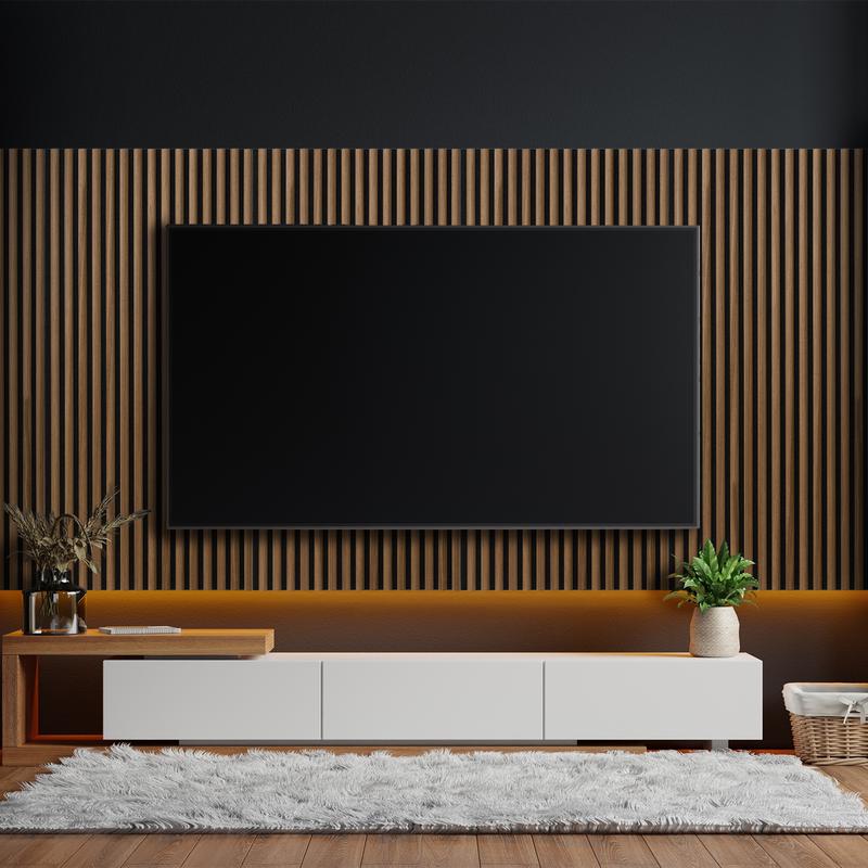 Acoustic wall panels with semi-circular slats - walnut - behind TV