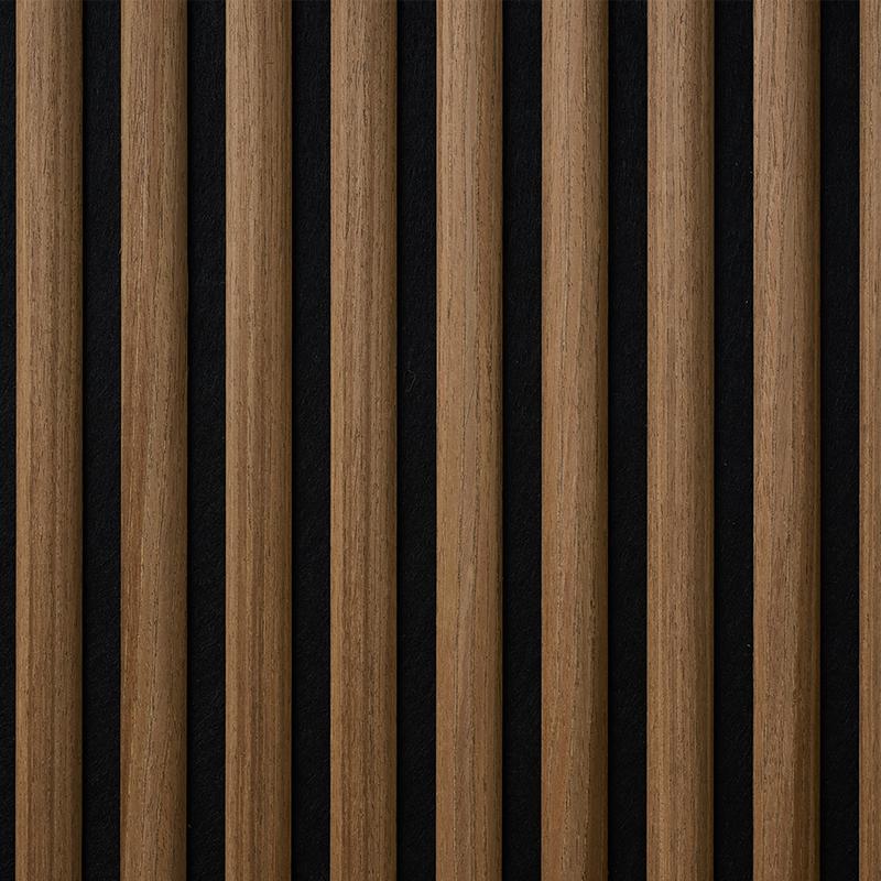 Acoustic wall panels with semi-circular slats - walnut - extreme close-up