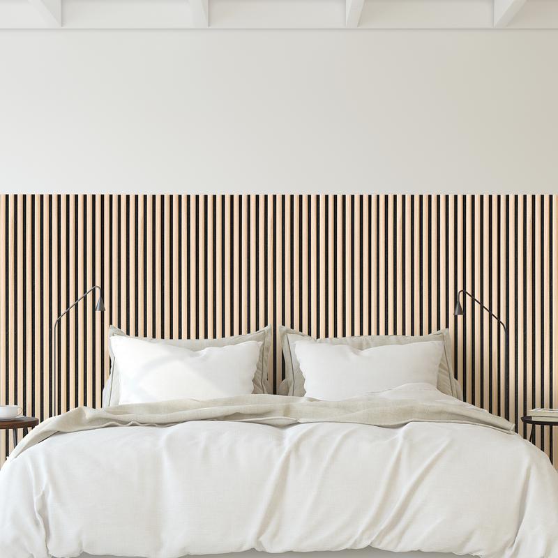 Acoustic wall panels with semi-circular slats - light oak - in living room