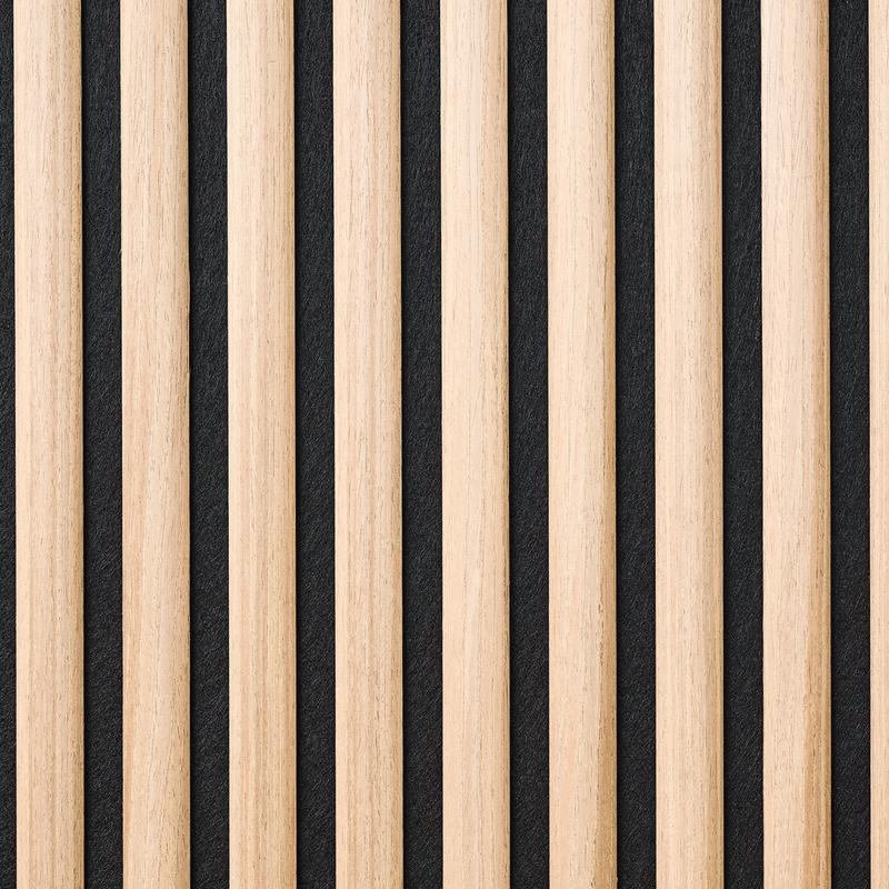Acoustic wall panels with semi-circular slats - light oak - extreme close-up