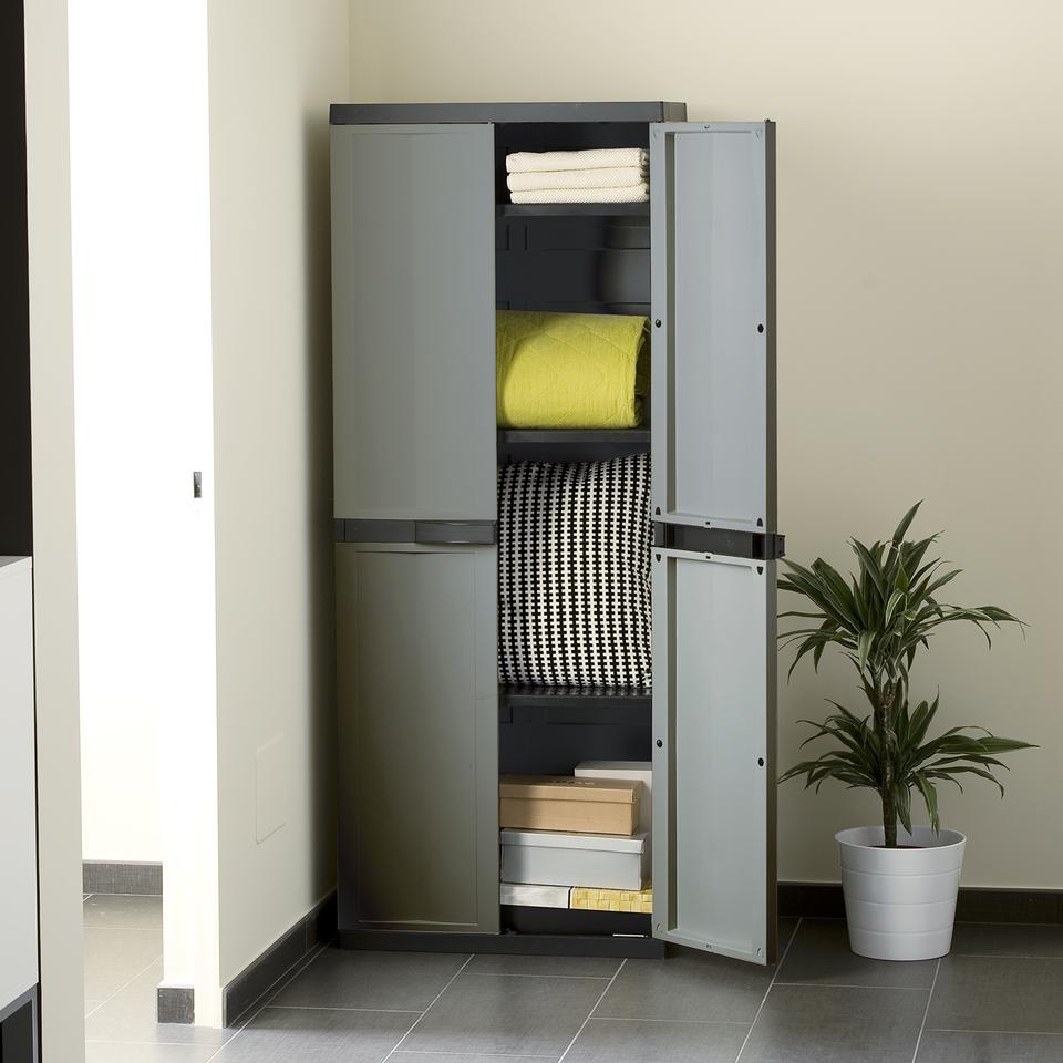 Armoire De Rangement Plastique 4 étagères - 65x37x165 Cm, Couleur Noir/gris, Pour Intérieur Ou Extérieur, étagères Réglables (15 Kg Chacune) - 10